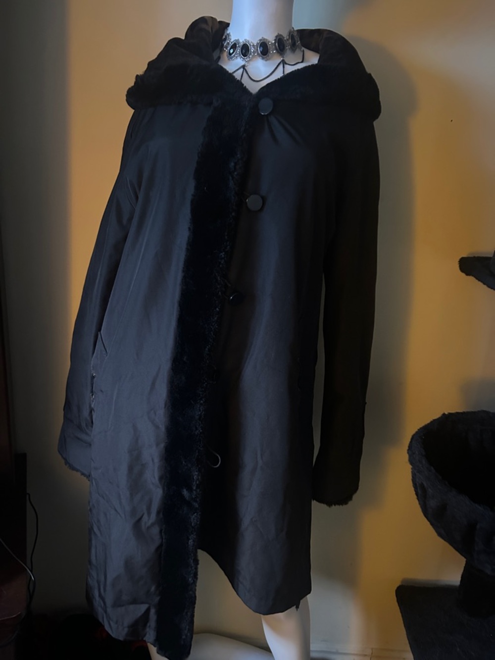 Black Faux Fur Trim Coat - Women Jackets & Coats
